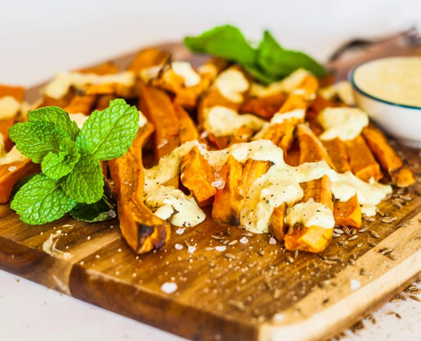 Baked Sweet Potato Fries with Turmeric & Mint Raita
