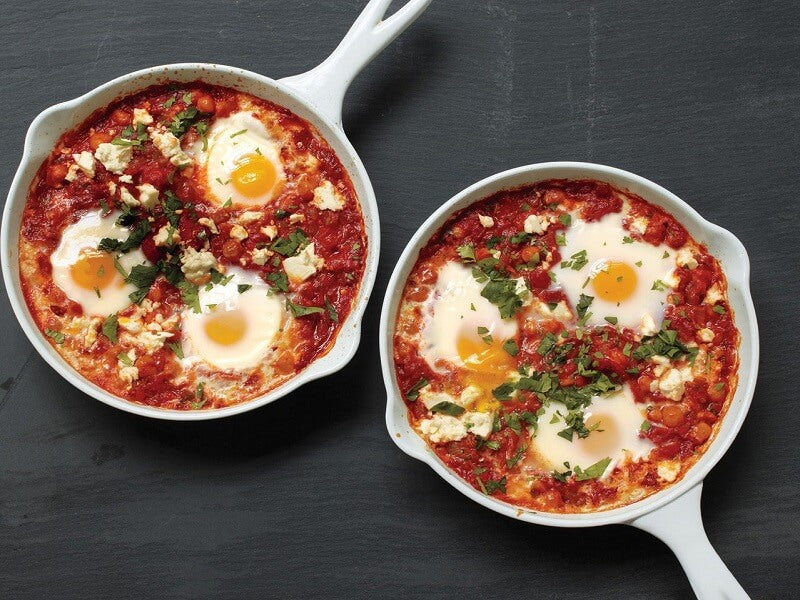 Poached Eggs in Tomato Sauce with Chickpeas and Feta