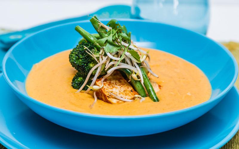 Red Curry Cauliflower Soup with Grilled Vegetables & Tofu
